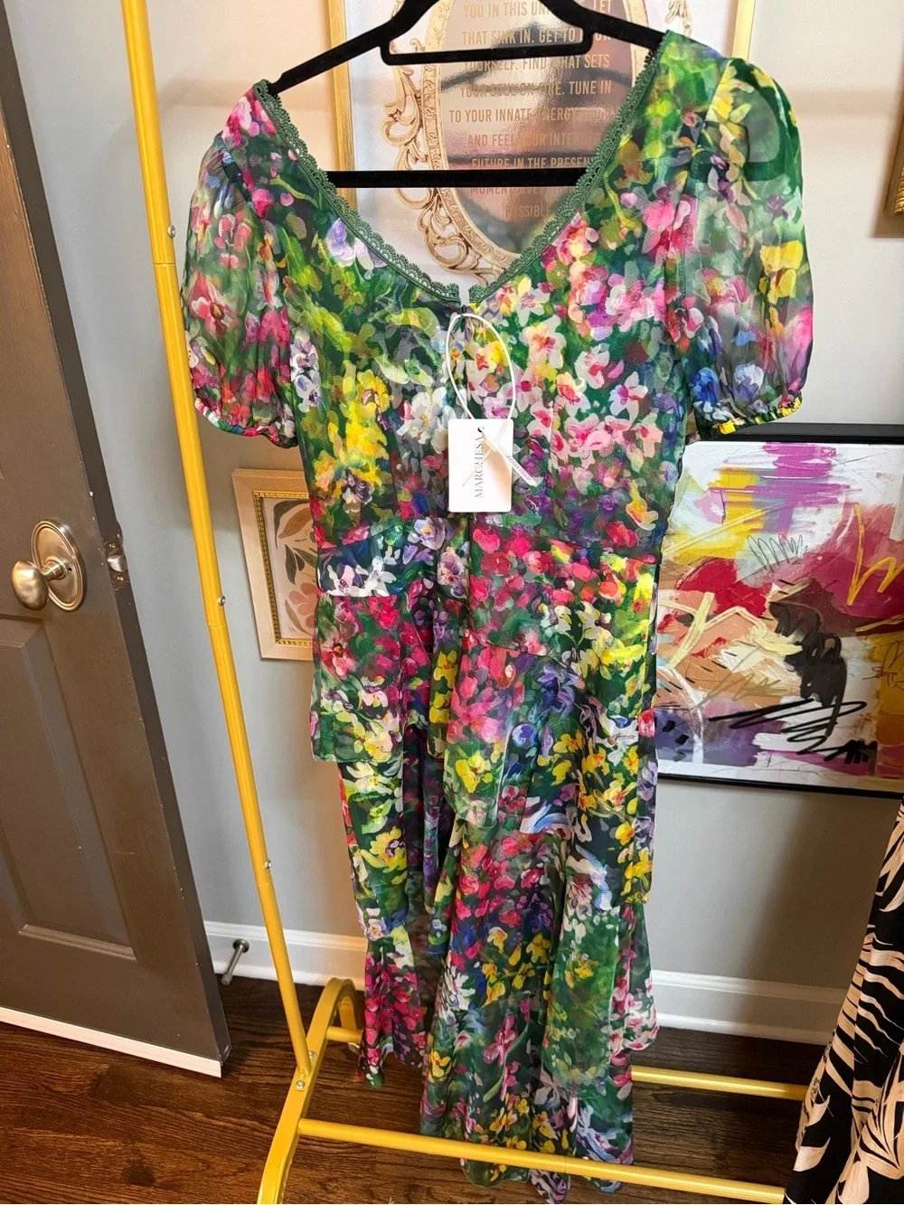 Marchesa Green Floral V-Neck Midi Dress